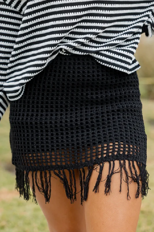 Women's Elegant Apparel Skipping Town Black Tassel Trim Knit Mini Skirt FINAL SALE