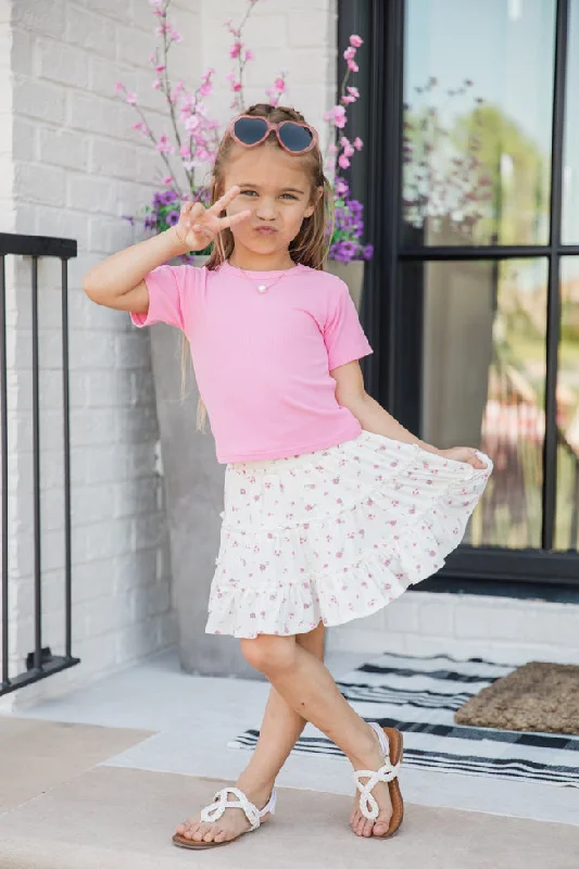 Women's Activewear Garments Kid's Through The Garden Ivory and Pink Ribbed Floral Mini Skort FINAL SALE