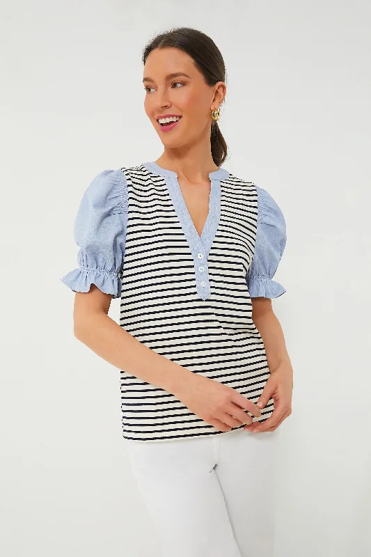 Charming Women's Garments Navy Stripe Livia Puff Sleeve Top