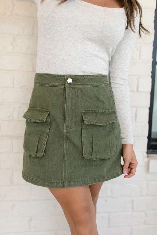 Women's Chic Outerwear Garments Worn In Love Olive Cargo Denim Mini Skort