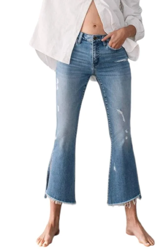 Women's Luxury Apparel Mid Rise Crop Flare With Slit Jeans In Blue