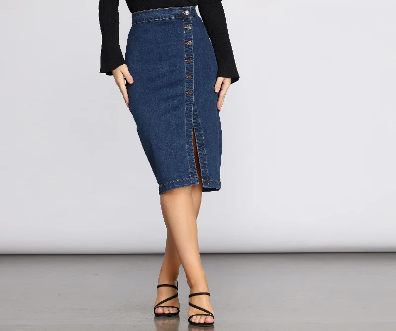 Casual Apparel For Women Denim Button Up Midi Skirt