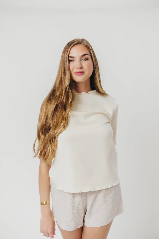 Fashionable Women's Outfit Jemma Butter Modal Mockneck Top with Merrow Edge from P.Cill in Eggshell