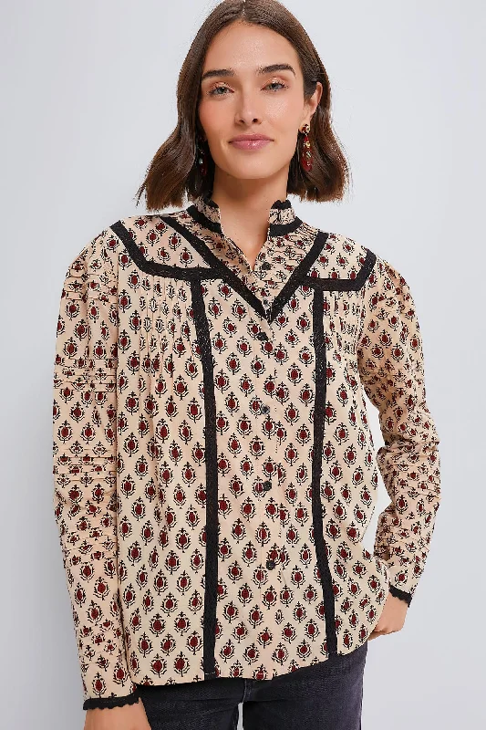 Women's Wedding Apparel Tan and Burgundy Block Print Priya Shirt