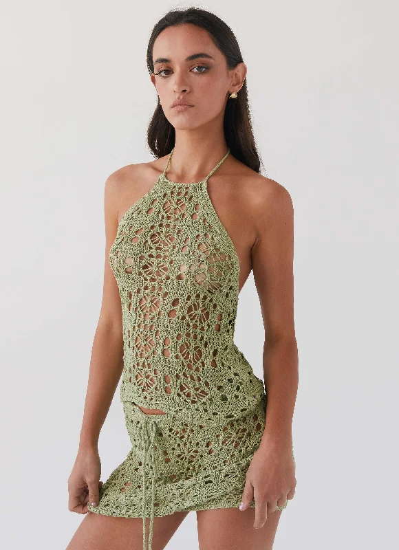 Women's Vacation Outfit Free Mind Crochet Top - Light Olive