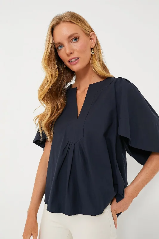 Women's Clothes For Outdoor Events Navy Finley Flutter Sleeve Top