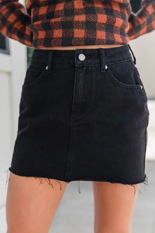 Charming Women's Outfit For Special Occasions Point The Way Black Raw Hem Denim Skirt FINAL SALE