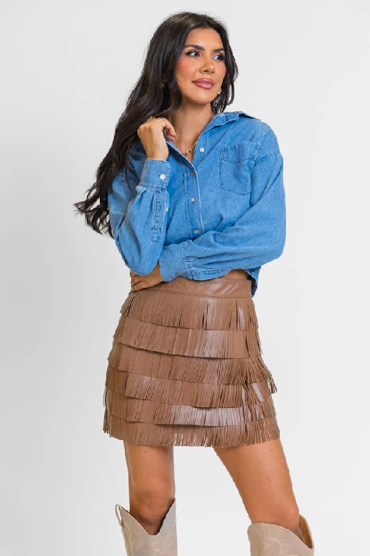 Women's Sporty Clothes Follow Your Arrow Brown Faux Leather Fringe Skirt FINAL SALE