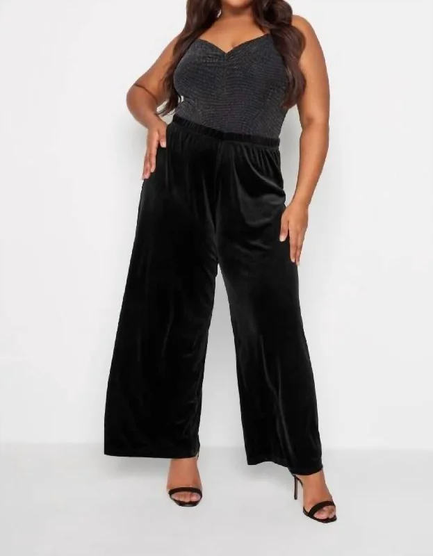 Fashionable Women's Outfit Velvet Wide Leg Pants In Black