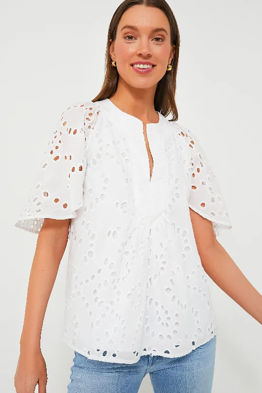 Women's Active Clothing White Eyelet Finley Flutter Sleeve Top