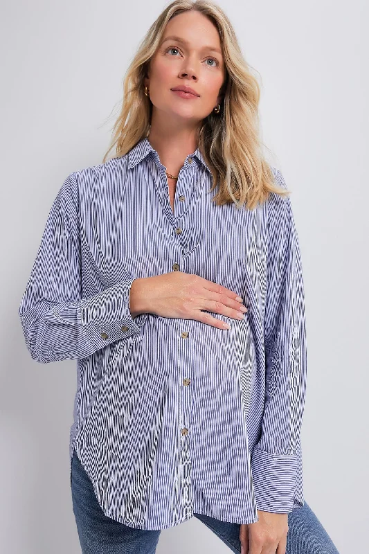 Women's Contemporary Clothing Navy and White Microstripe The Classic Buttondown