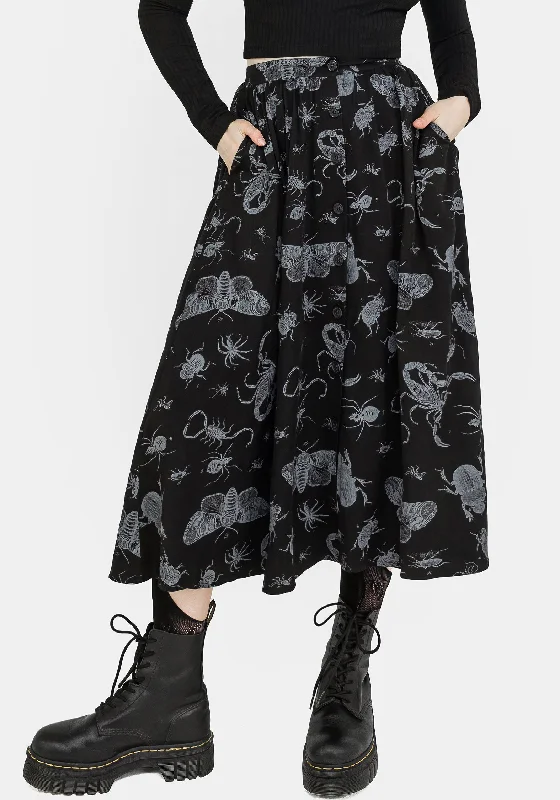 Women's Transitional Garments Parasite Bugs Button Front Midi Skirt - Black