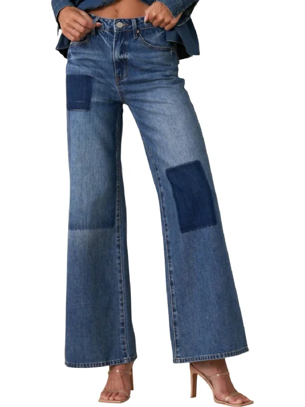 Women's High-Fashion Clothes Relaxed Wide Leg Patchwork Jeans In Blue