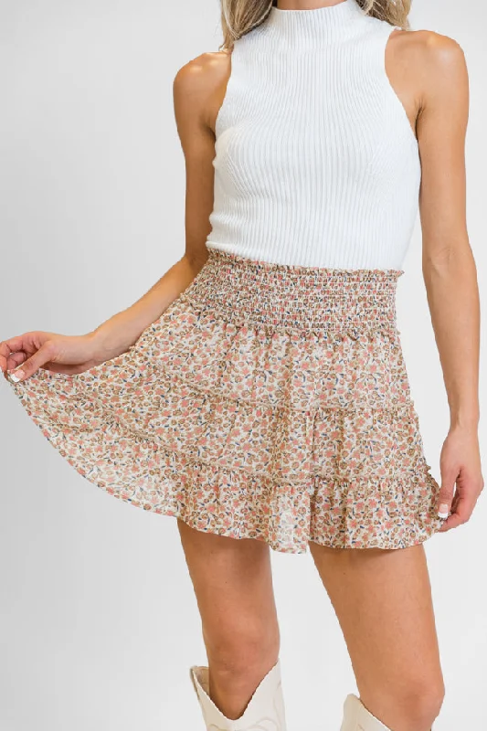 Affordable Women's Apparel Through The Garden Ivory and Tan Floral Mini Skort FINAL SALE