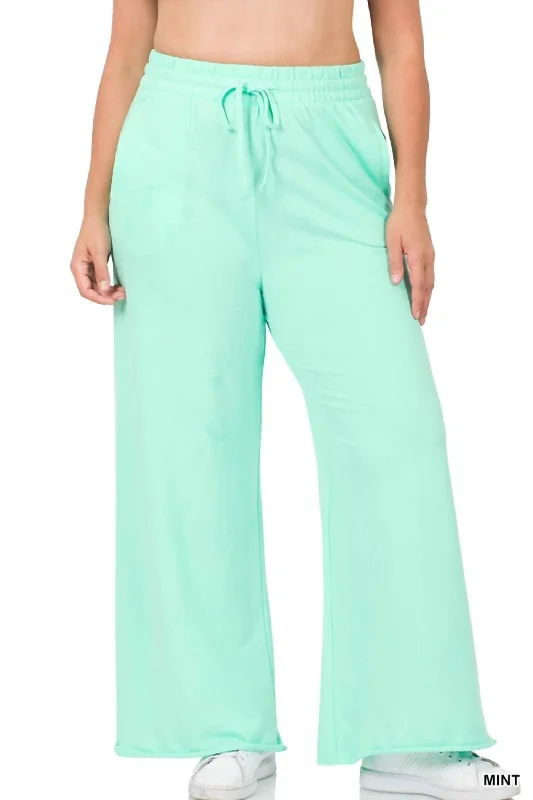 Women's Vacation Outfit Set French Terry Wide Leg Lounge Pants In Mint