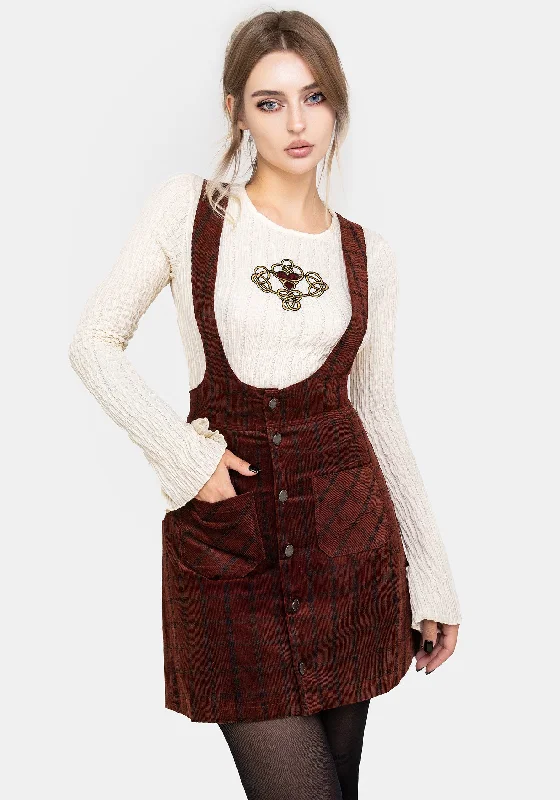 Women's High-Fashion Attire Terracotta Check Cord Mini Pinafore Skirt