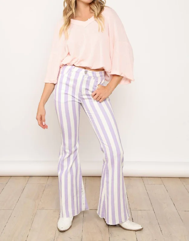 Stylish Women's Attire Stripe Denim Flares Jeans In Lavender