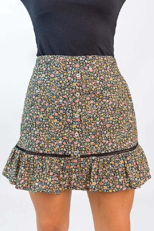 Charming Women's Holiday Apparel What's The Tea Black Button Front Floral Mini Skort FINAL SALE