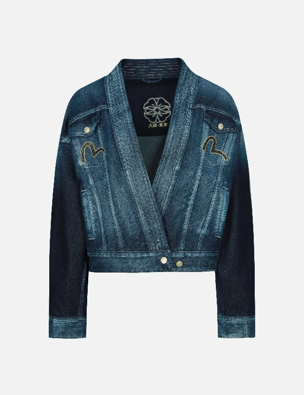 Comfortable Lounge Clothing Brocade-pattern Seagull and Kamon Appliqué Denim Kimono Jacket