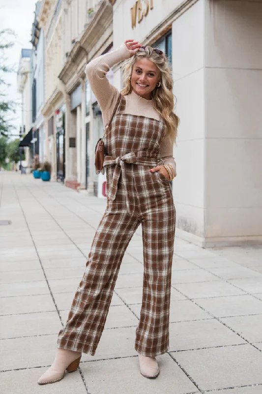 Stylish Women's Outerwear Apparel So Plaid You're Mine Multi Belted Jumpsuit FINAL SALE