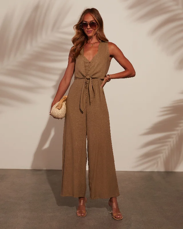 Women's Weekend Outfit Ibiza Jaunt Front Tie Linen Jumpsuit