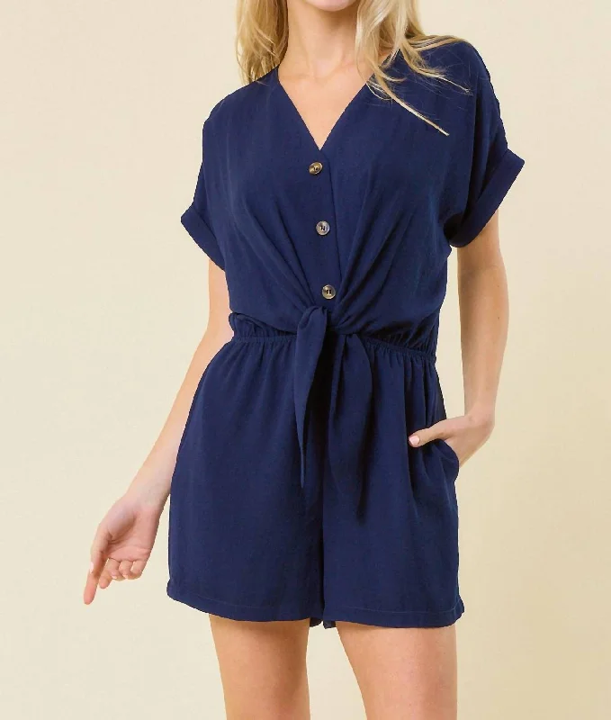 Stylish Women's Garments Kara Front Tie Romper In Navy