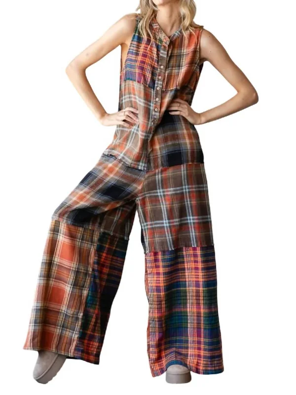 Women's Luxury Garments Washed Plaid Jumpsuit In Rust