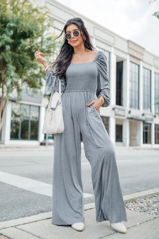 Women's Holiday Clothing Deep In My Heart Heather Grey Knit Solid Jumpsuit FINAL SALE