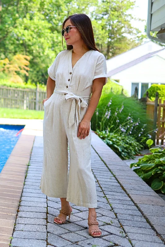 Women's Vacation Outfit Set Petite Linen Blend Button Front Jumpsuit (Natural)