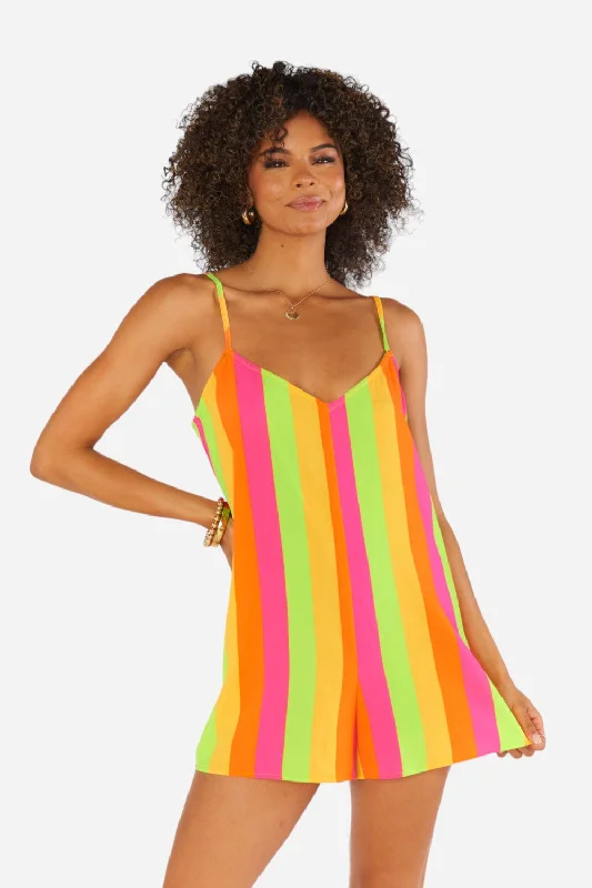 Women's High-Fashion Clothes Show Me Your Mumu Rascal Romper in Neon Vacay Stripe