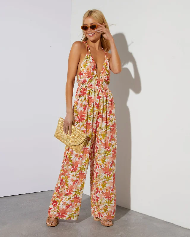 Comfortable Outfit For Women Carrie Low V-Neck Floral Jumpsuit