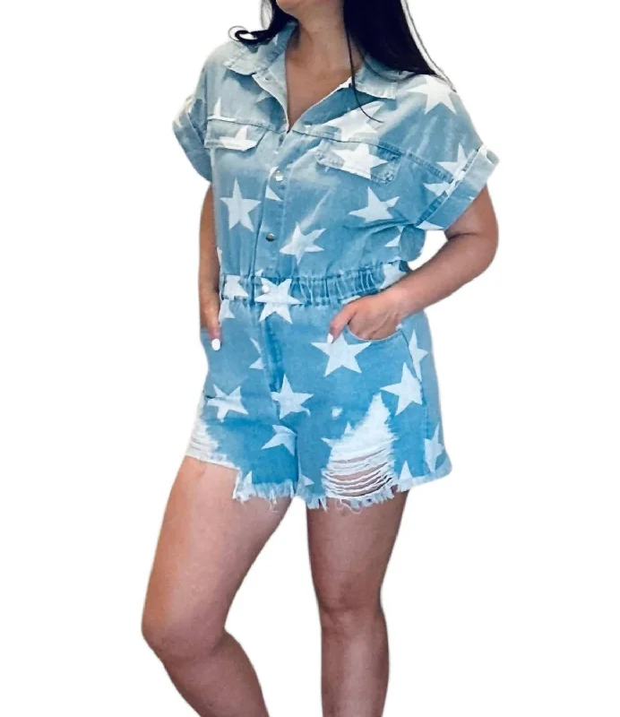 Women's Elegant Formal Outfit Vanessa Vintage Star Denim Distressed Romper In Blue