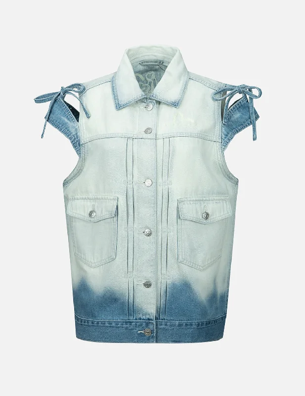 Women's Casual Wear Outfit Logo Embroidery Bleached Denim Waistcoat