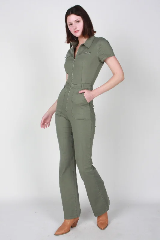 Women's Effortless Casual Outfit Pistola Martina Short Sleeve Flare Jumpsuit in Colonel