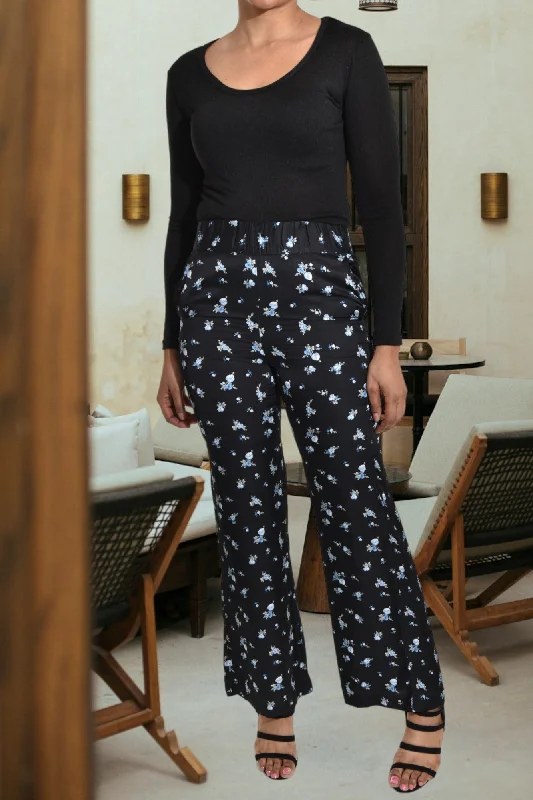 Charming Women's Garments Black Floral Elastic Waist Pants