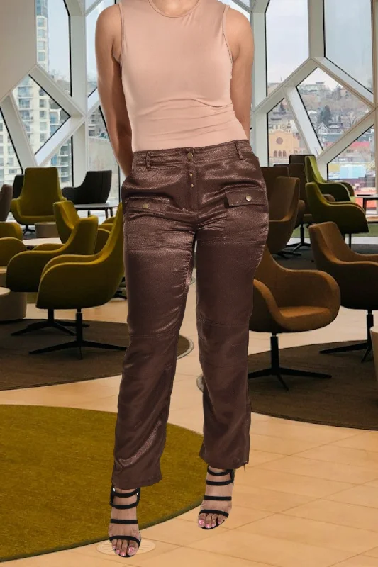 Women's Activewear Garments Brown Satin Pocket Pants